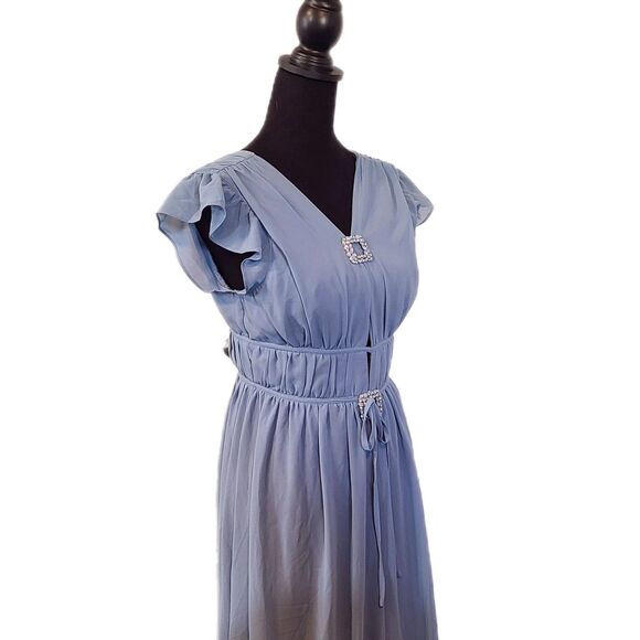 Lulu's NWT Slate Blue Floor Length Chiffon Ruffle Embellished Gown, Size M (6-8) - Picture 6 of 12